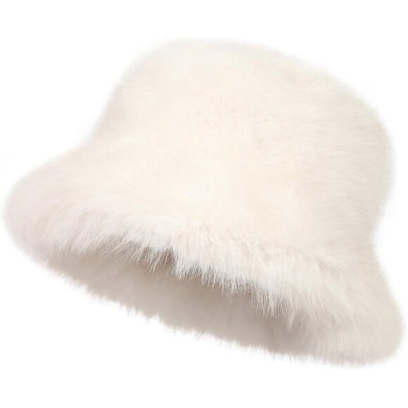 Women's Faux Fur Bucket Hat Winter Fuzzy Wide Brim Fashionable Warm Accessory - Picture 1 of 9